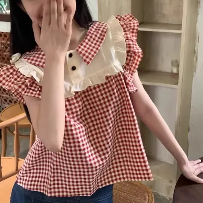 Flying Sleeve Plaid Short Tees for Women Preppy Turn Down Collar Patchwork Tops Ladies Fashion Streetwear Loose T-Shirts Female
Flying Sleeve Plaid Short Tees for Women Preppy Turn Down Collar Patchwork Tops Ladies Fashion Streetwear Loose T-Shirts Female