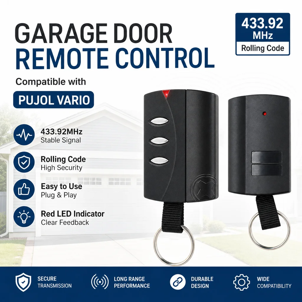 PUJOL VARIO Compatible Garage Door Remote Control 433.92MHz Rolling Code 3-Channel Gate Opener Remote Keyfob Transmitter
PUJOL VARIO Compatible Garage Door Remote Control 433.92MHz Rolling Code 3-Channel Gate Opener Remote Keyfob Transmitter