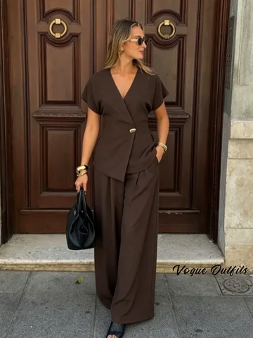 Elegant Wide Leg Pant Set Women Brown V Neck Short Sleeve Waist Cinching Tie-back Shirt Summer Suit New Casual Lady Outfits 2026