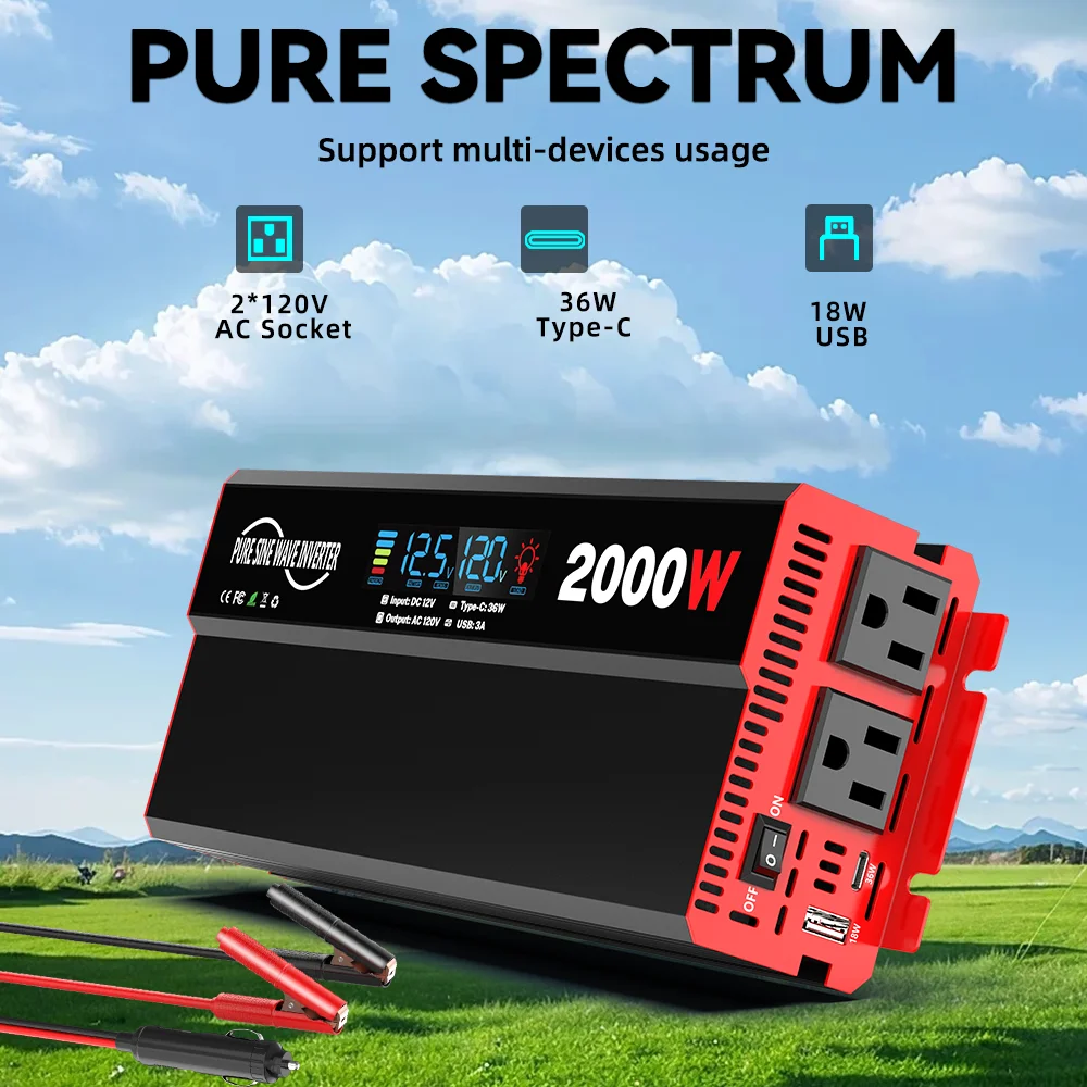 800W/2000W Portable Pure Sine Wave Inverter DC 12V To AC 120V 130V For RV Laptop Smartphones Charging With USB TYPE-C port
800W/2000W Portable Pure Sine Wave Inverter DC 12V To AC 120V 130V For RV Laptop Smartphones Charging With USB TYPE-C port