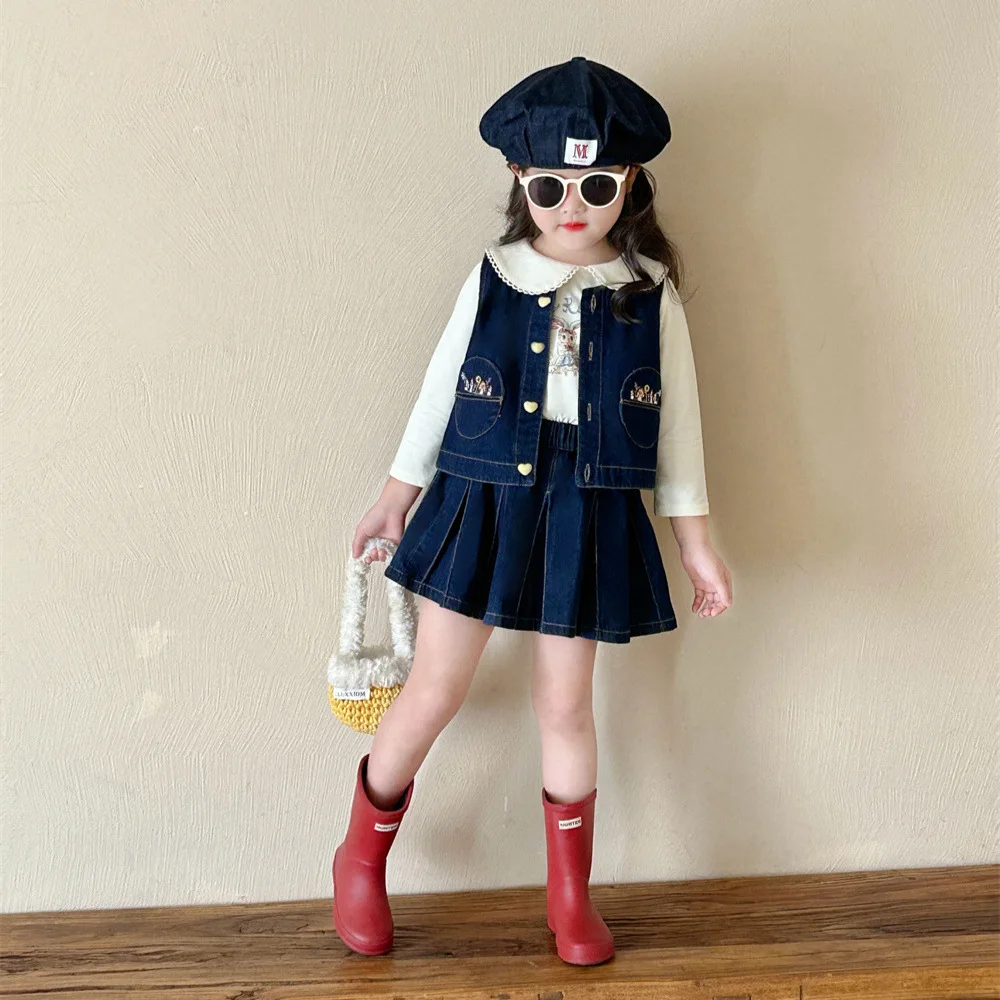 3pcs Toddler Suit Baby Outfits Autumn New Girl's Cartoon Versatile Collar Undercover Embroidered Cowboy Vest Pleated Skirt Set
3pcs Toddler Suit Baby Outfits Autumn New Girl's Cartoon Versatile Collar Undercover Embroidered Cowboy Vest Pleated Skirt Set