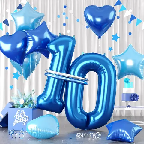 32inch Blue Number Balloon Set, Dark Blue Number 10~21 Balloon, Number Love Star Balloon Set, Blue Foil Star Heart Shape Balloon with Long Balloon Suitable for Birthday Party Shower Decoration