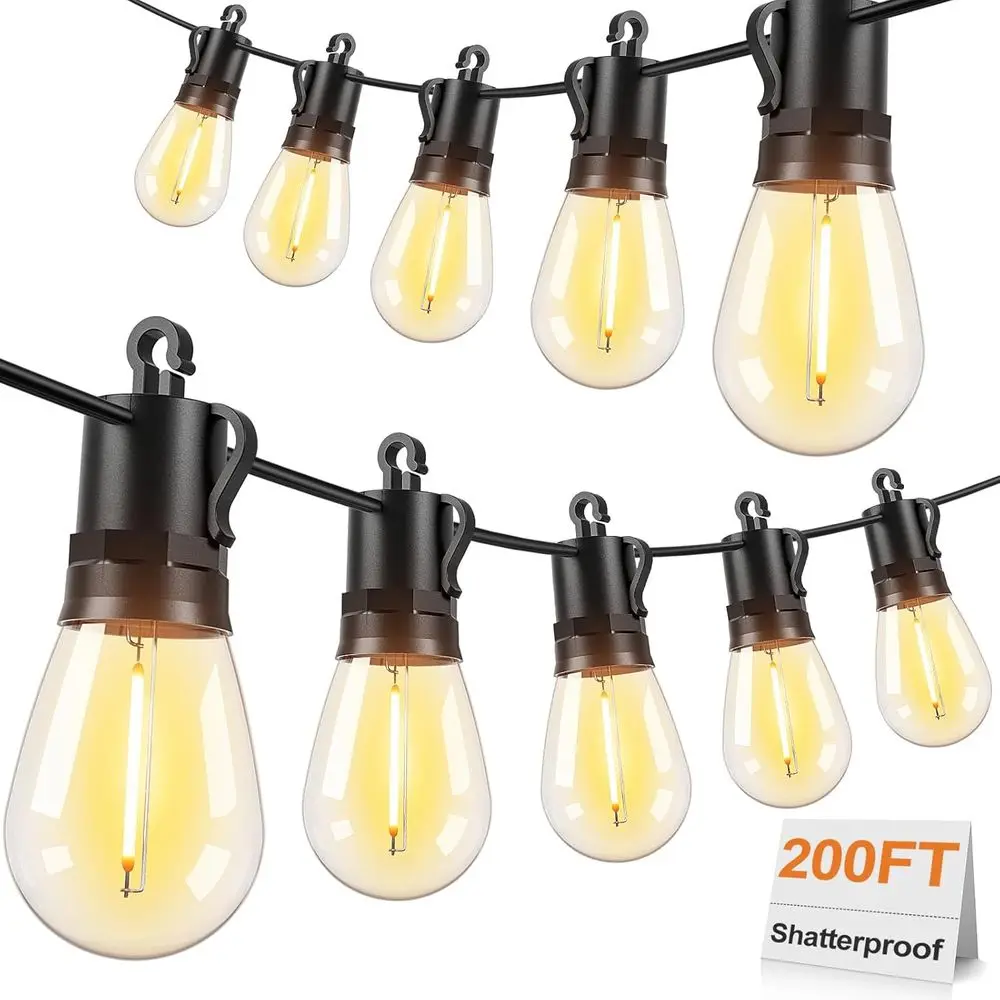 Weatherproof 200ft Long LED Outdoor String Lights with 62 Shatterproof S14 Bulbs, Vintage Edison Style for Patio and Parties
Weatherproof 200ft Long LED Outdoor String Lights with 62 Shatterproof S14 Bulbs, Vintage Edison Style for Patio and Parties