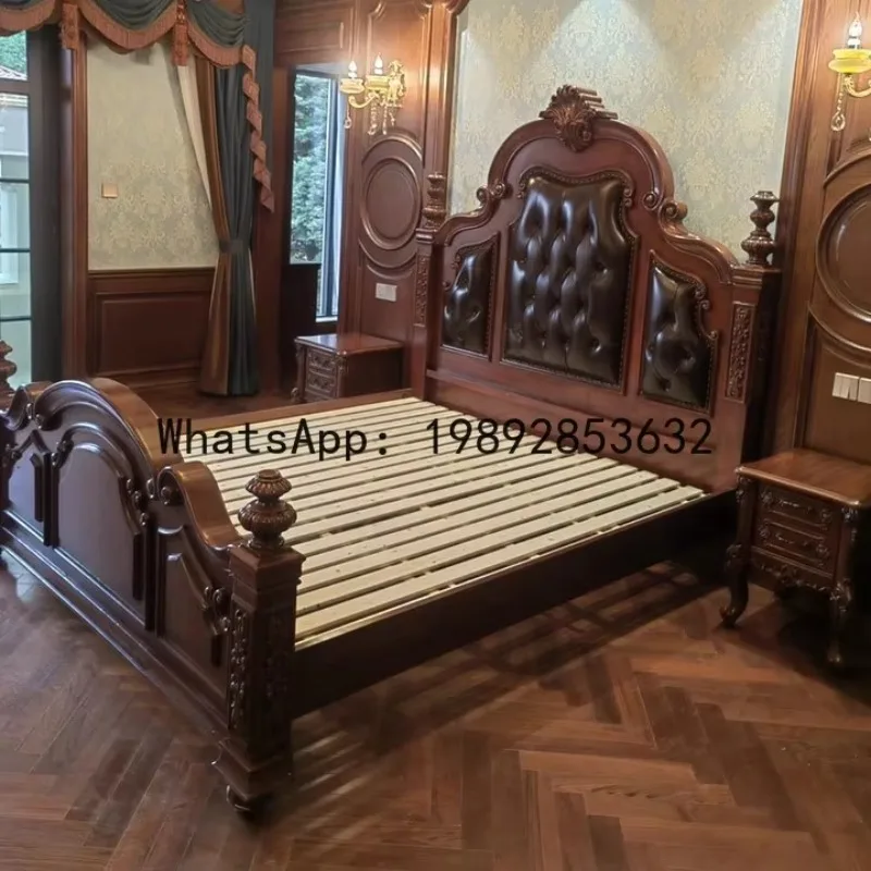 genuine leather double bed master bedroom american retro solid wood carved king size bed villa hotel furniture
genuine leather double bed master bedroom american retro solid wood carved king size bed villa hotel furniture