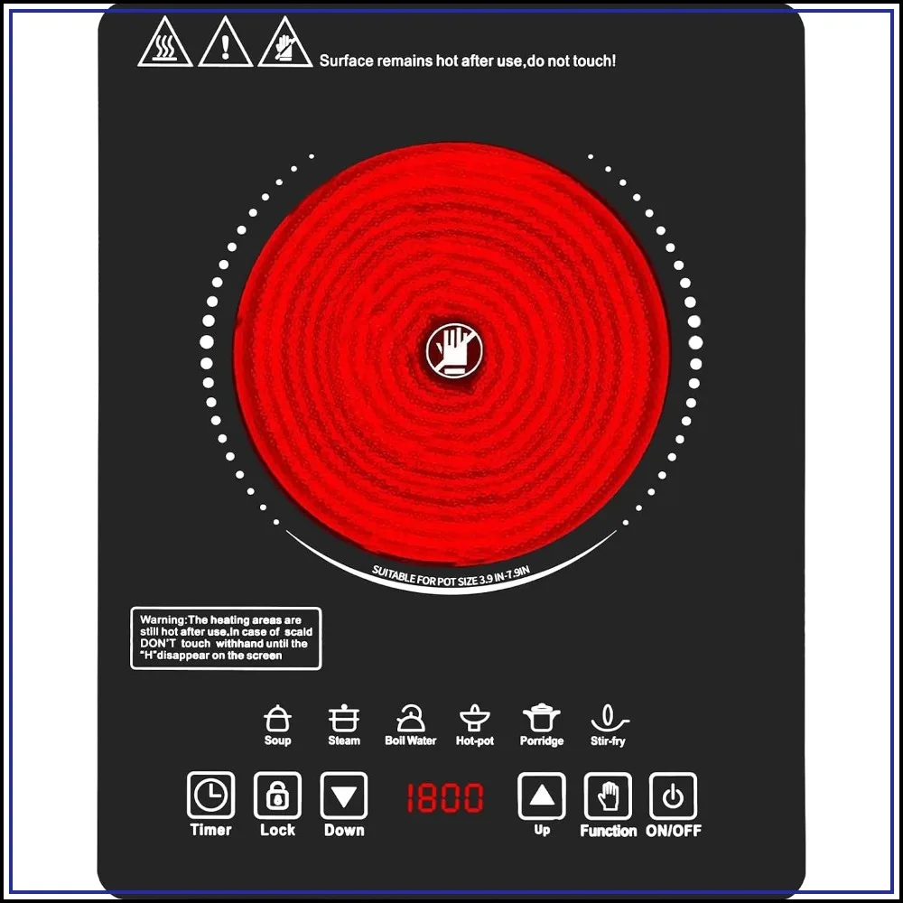 110V 1800W Single Burner Electric Cooktop with LED Touch Control, 9 Power Levels, 3H Timer, Safety Lock, Overheat Protection
110V 1800W Single Burner Electric Cooktop with LED Touch Control, 9 Power Levels, 3H Timer, Safety Lock, Overheat Protection