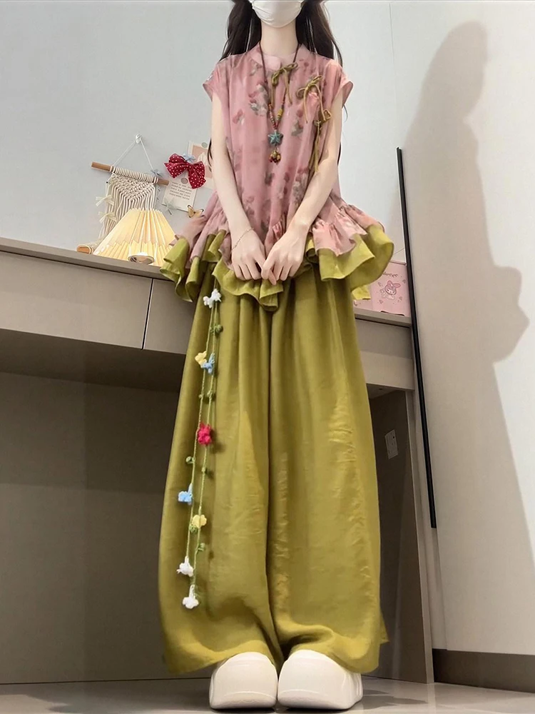 New Summer Chinese Style Set High Waist Comfortable Olive Green Casual Pants And Pink Vest Fashionable Plant Floral Pattern
New Summer Chinese Style Set High Waist Comfortable Olive Green Casual Pants And Pink Vest Fashionable Plant Floral Pattern