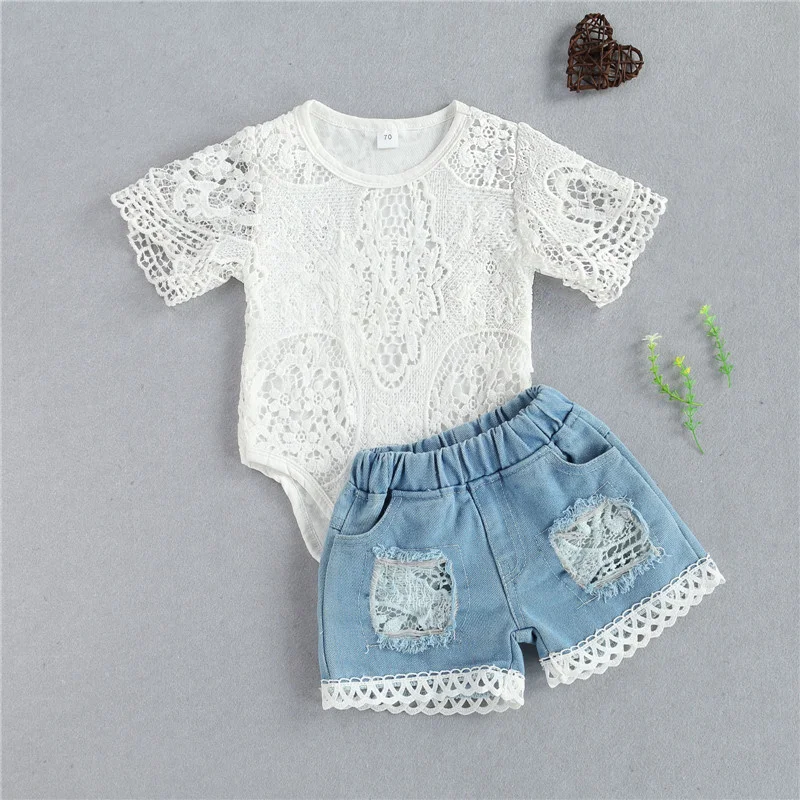 Summer Baby Girls Clothing Sets Korean Princess Short Sleeve Bodysuits +lace Stitching Denim Shorts 2pcs Baby Kids Clothes Suit
Summer Baby Girls Clothing Sets Korean Princess Short Sleeve Bodysuits +lace Stitching Denim Shorts 2pcs Baby Kids Clothes Suit