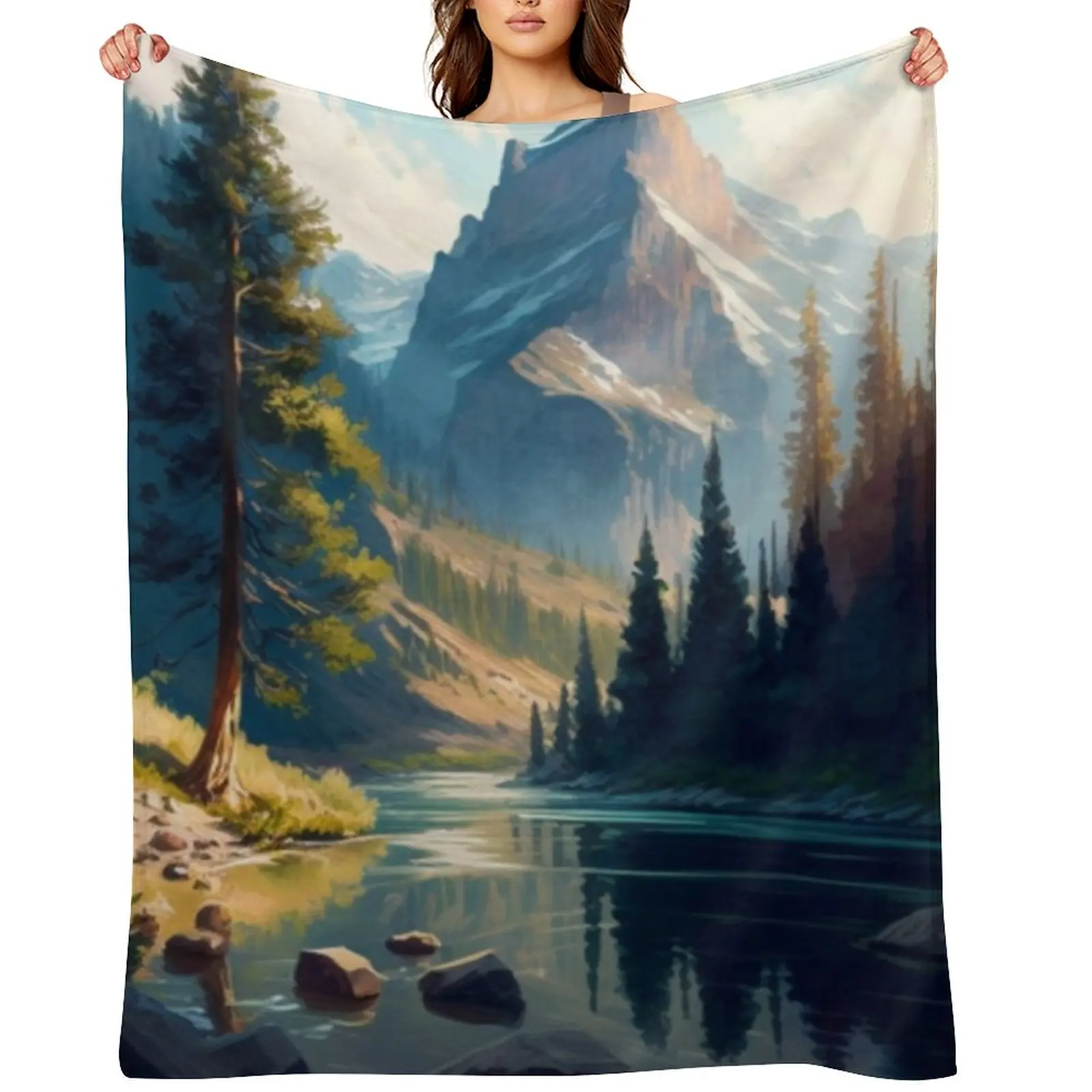 A beautiful landscape of majestic mountains, a sparkling river, and lush trees basking in the bright morning sun Throw Blanket
A beautiful landscape of majestic mountains, a sparkling river, and lush trees basking in the bright morning sun Throw Blanket
