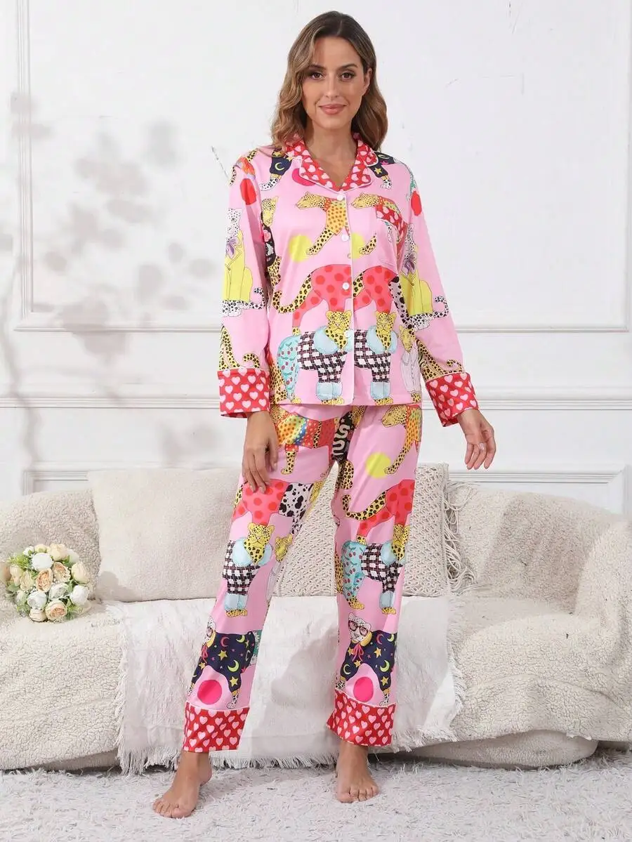 Womens Milk Silk Pajama Set Long Sleeve Lapel Button Print Sleepwear
Womens Milk Silk Pajama Set Long Sleeve Lapel Button Print Sleepwear