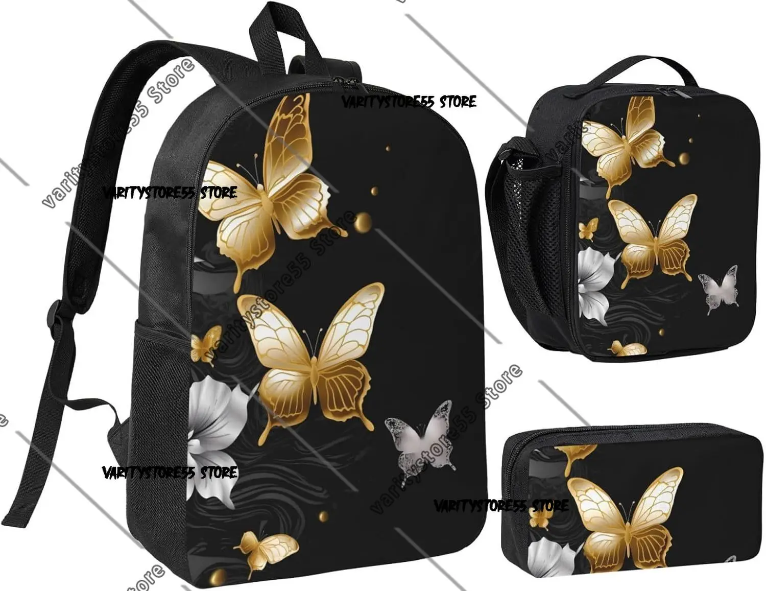 3PCS Gold White Butterflies Black Backpack Set with Insulated Lunch Box Pencil Pouch Bags Shoulder Lunch Bag and Pencil Case Bag
3PCS Gold White Butterflies Black Backpack Set with Insulated Lunch Box Pencil Pouch Bags Shoulder Lunch Bag and Pencil Case Bag