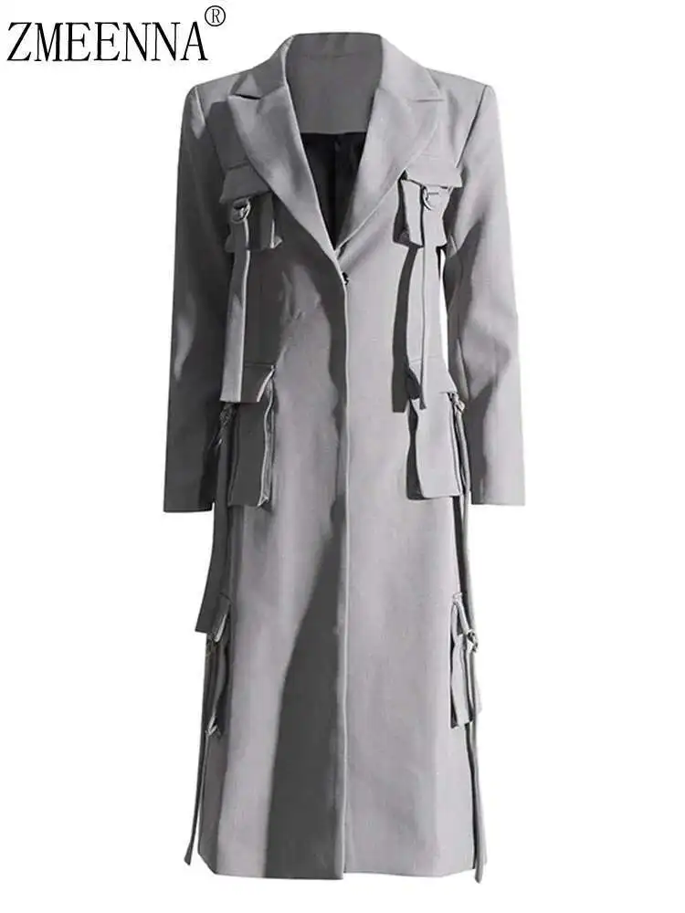 ZMEENNA Gray Pockets Casual Long Blazer Women New Lapel Long Sleeve Loose Fit Jacket Fashion Tide Spring Autumn 2024 ZM36
ZMEENNA Gray Pockets Casual Long Blazer Women New Lapel Long Sleeve Loose Fit Jacket Fashion Tide Spring Autumn 2024 ZM36