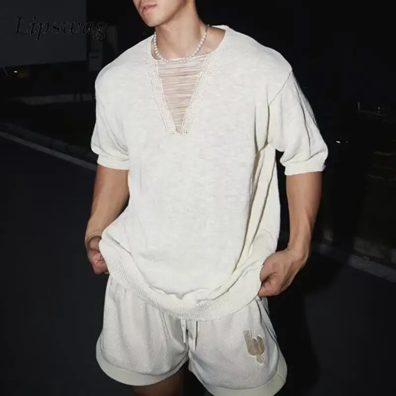 Sexy Tassel Lace Hollow Out T Shirts Mens Summer Casual Breathable V Neck Knit T-shirt Seaside Beach Men Fashion Solid Color Tee
Sexy Tassel Lace Hollow Out T Shirts Mens Summer Casual Breathable V Neck Knit T-shirt Seaside Beach Men Fashion Solid Color Tee