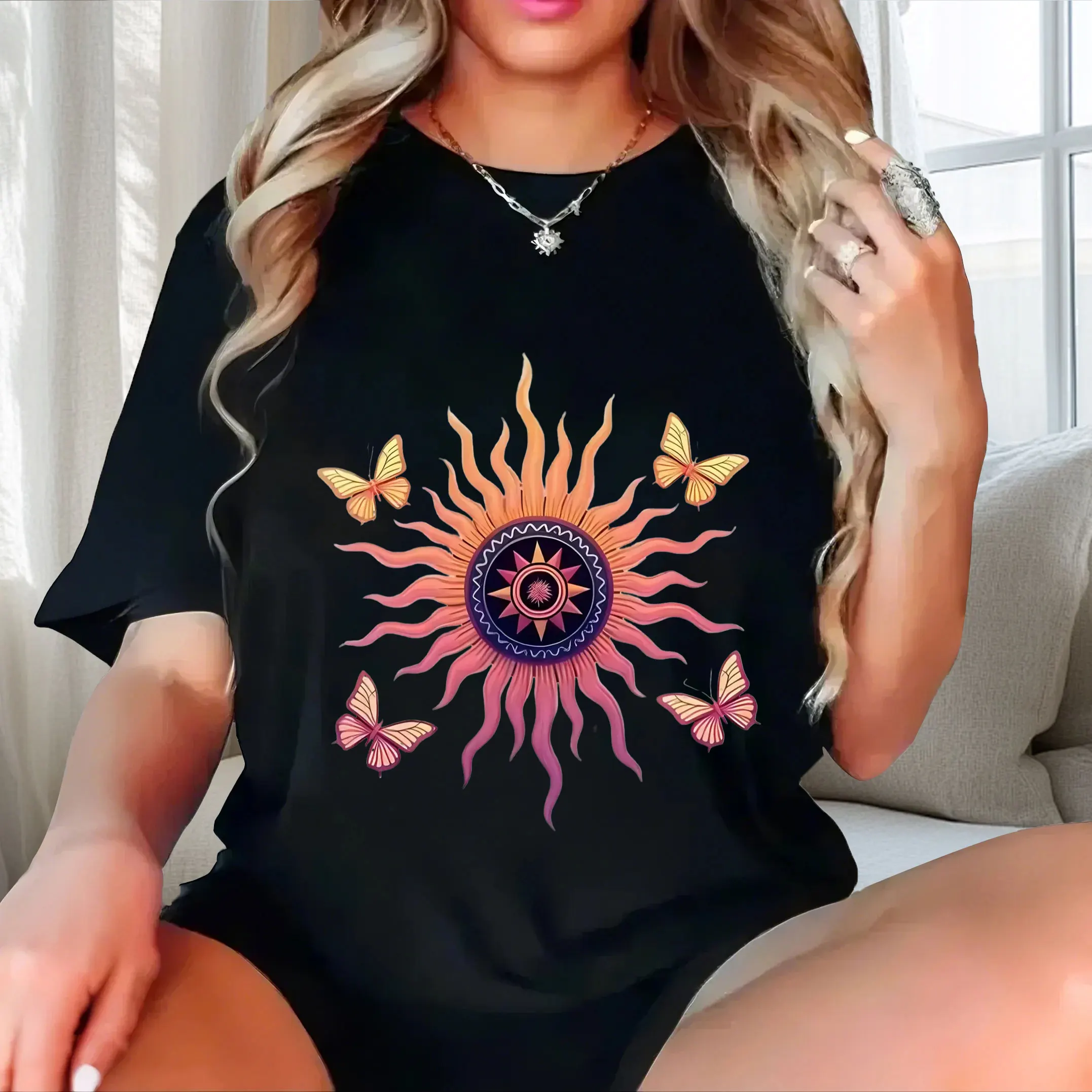 Cartoon Sun Butterfly Print plus size Ladies' casual short sleeved T-shirt black
Cartoon Sun Butterfly Print plus size Ladies' casual short sleeved T-shirt black