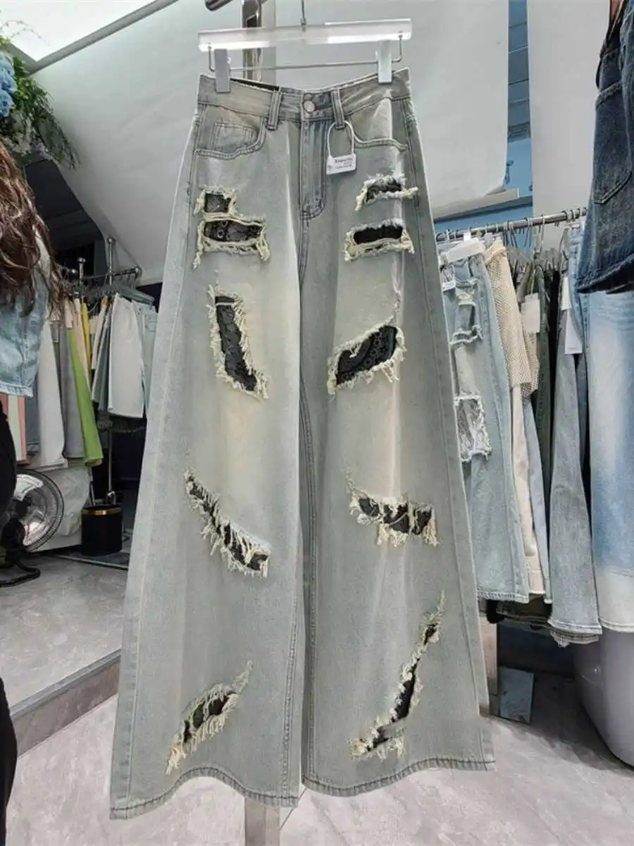 Hot Girl Ripped Jeans Women's 2025 New High Waisted Casual Wide Leg Pants Retro Pocket Lace Patchwork Straight Leg Trousers
Hot Girl Ripped Jeans Women's 2025 New High Waisted Casual Wide Leg Pants Retro Pocket Lace Patchwork Straight Leg Trousers