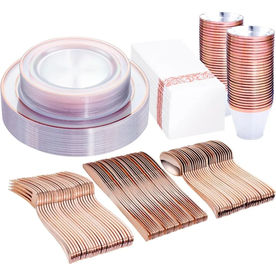 350Pcs Rose Gold Dinnerware Set Include: 50 Dinner Plates 10.25’’,50 Dessert Plates 7.5’’,50 Rose Gold Cutlery,50 Disposable Cup
350Pcs Rose Gold Dinnerware Set Include: 50 Dinner Plates 10.25’’,50 Dessert Plates 7.5’’,50 Rose Gold Cutlery,50 Disposable Cup