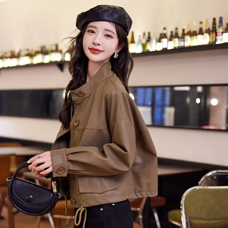 Cropped Leather Jacket Women Loose Coat Slim Fit Pu Soft Leather Long-sleeved Tops Versatile Casual Stand Collar Single-breasted
Cropped Leather Jacket Women Loose Coat Slim Fit Pu Soft Leather Long-sleeved Tops Versatile Casual Stand Collar Single-breasted