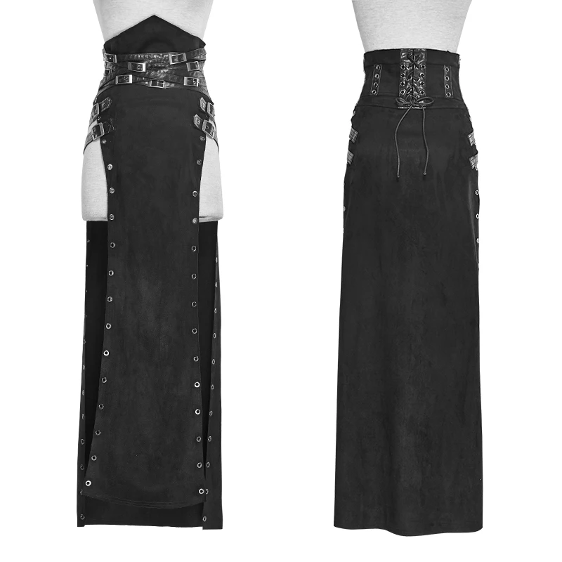 PUNK RAVE Women's Punk Split Skirt, Black Polyester Distressed Maxi Skirt with Leather Buckle Details Q298
PUNK RAVE Women's Punk Split Skirt, Black Polyester Distressed Maxi Skirt with Leather Buckle Details Q298