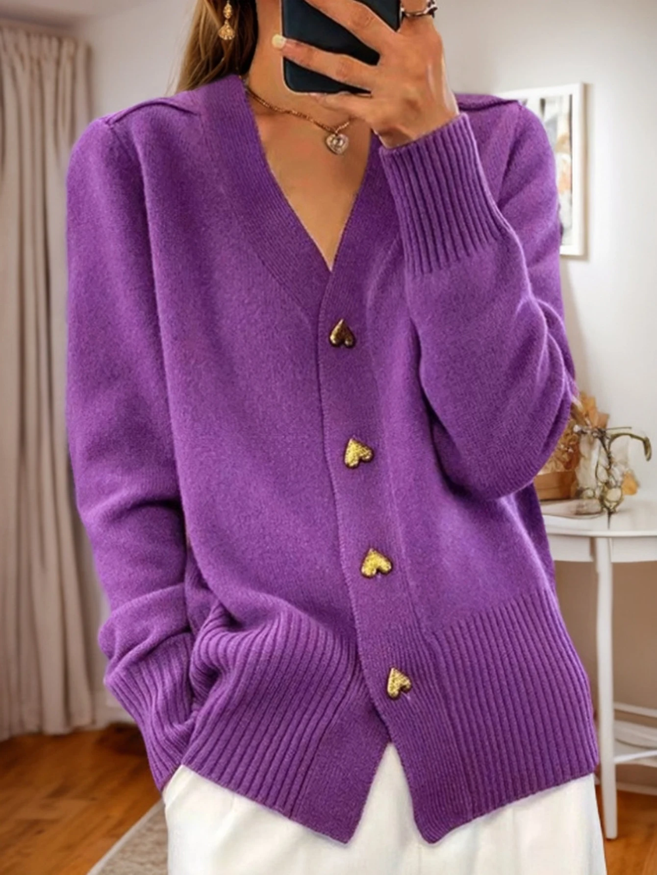 Autumn Winter Cardigan Women's Elegant Screw Thread Long Sleeve V-Neck Heart Button Through Basics Cardigan
Autumn Winter Cardigan Women's Elegant Screw Thread Long Sleeve V-Neck Heart Button Through Basics Cardigan
