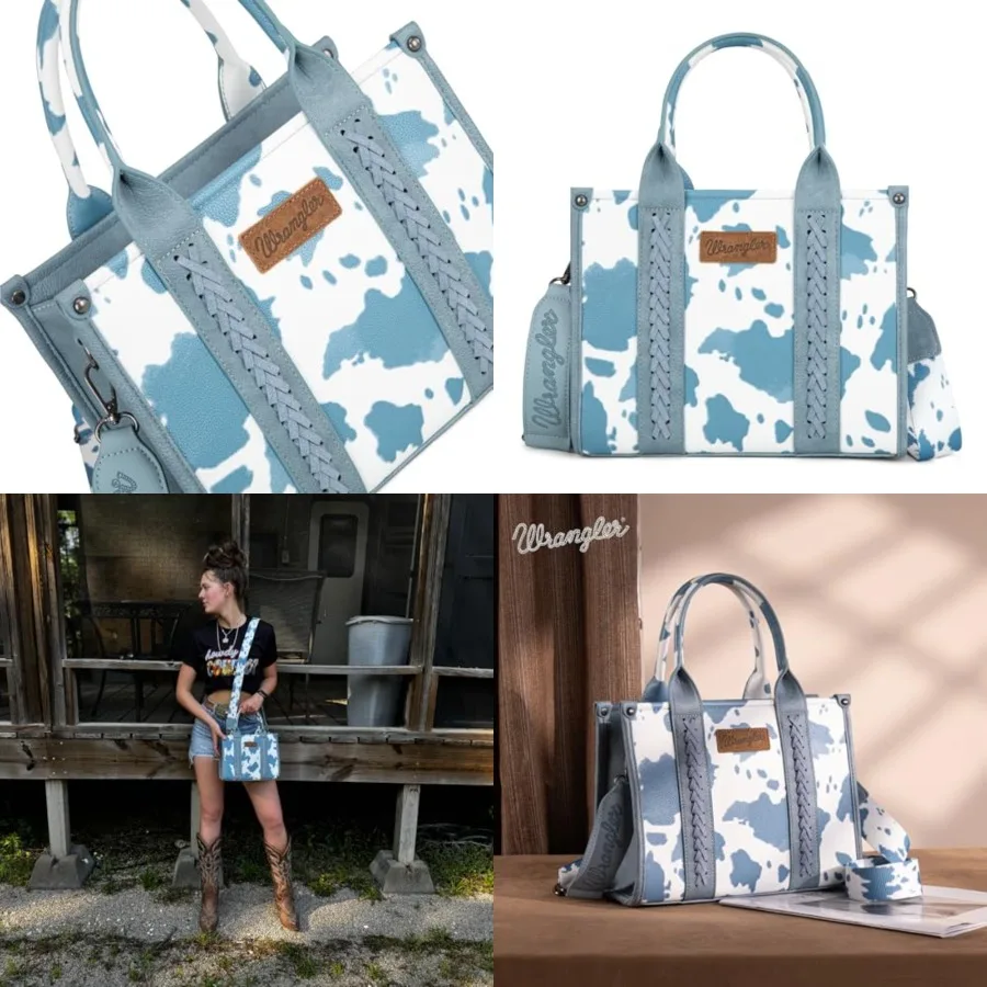 Wrangler Cow Print Tote Bag for Women Western Purse Boho Top Handle Satchel Handbag with Signature Strap
Wrangler Cow Print Tote Bag for Women Western Purse Boho Top Handle Satchel Handbag with Signature Strap