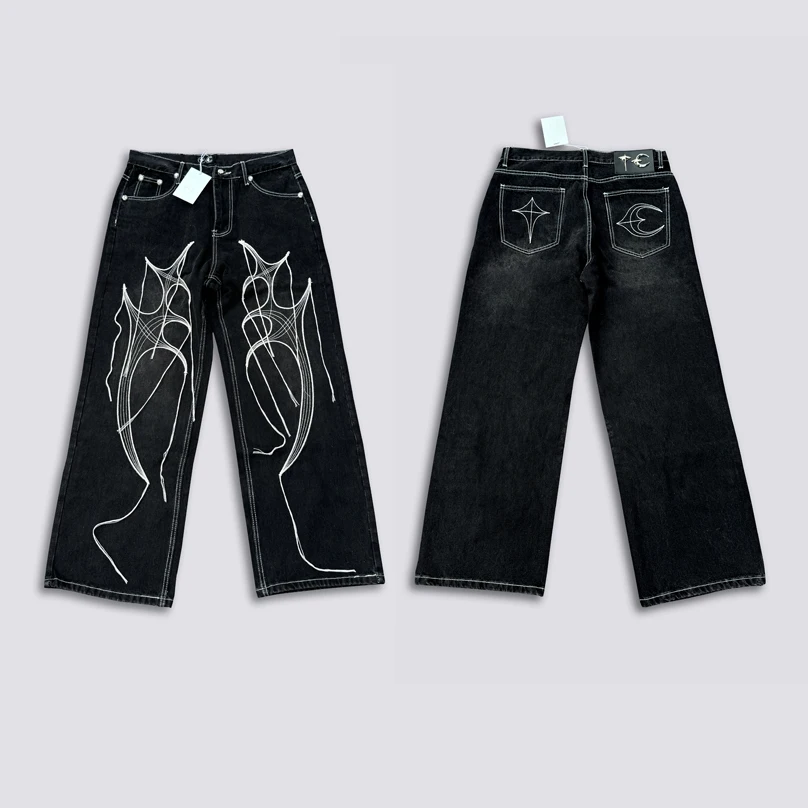 Wash Black Thug Club Embroidery Beard Tassels Jeans Leater Metal Logo Men Women High Quality Vertical Loose Wide Leg Denim Pants
Wash Black Thug Club Embroidery Beard Tassels Jeans Leater Metal Logo Men Women High Quality Vertical Loose Wide Leg Denim Pants