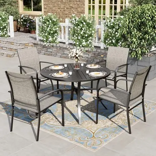 Patio Table and Chairs Set, 5 Pieces Outdoor Dining Set with Round Metal Table and Textilene Chairs for Lawn Garden
Patio Table and Chairs Set, 5 Pieces Outdoor Dining Set with Round Metal Table and Textilene Chairs for Lawn Garden