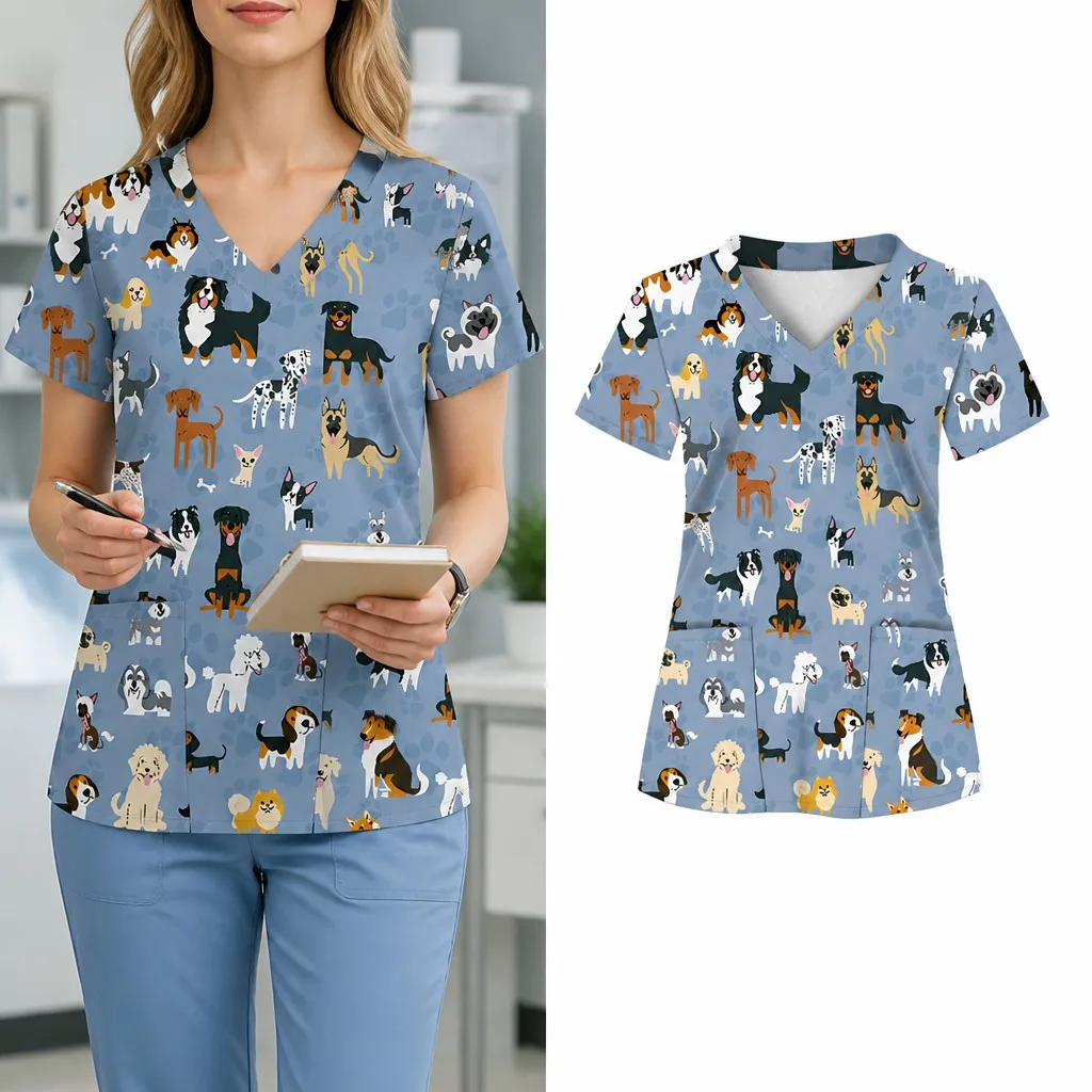 New Summer Women's Workwear, Dental & Pet Shop T-Shirt, Cartoon Animal Print, V-Neck, Short Sleeve, Pocket, Frosted Top
New Summer Women's Workwear, Dental & Pet Shop T-Shirt, Cartoon Animal Print, V-Neck, Short Sleeve, Pocket, Frosted Top