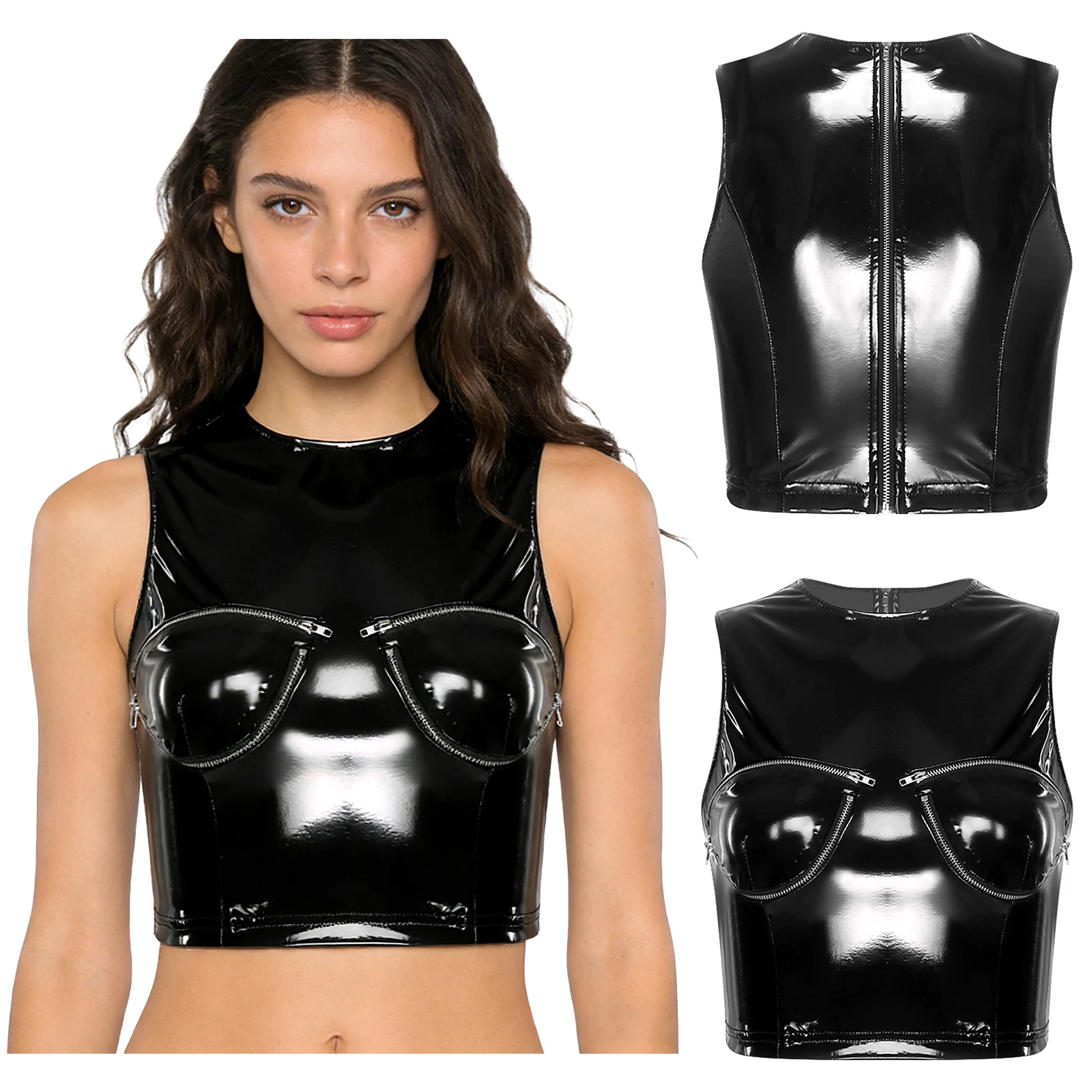 Женский укороченный топ из искусственной кожи с эффектом мокрой кожи, без рукавов, с молниями спереди, для вечеринок и рейвов, стильный укороченный жилет
Женский укороченный топ из искусственной кожи с эффектом мокрой кожи, без рукавов, с молниями спереди, для вечеринок и рейвов, стильный укороченный жилет