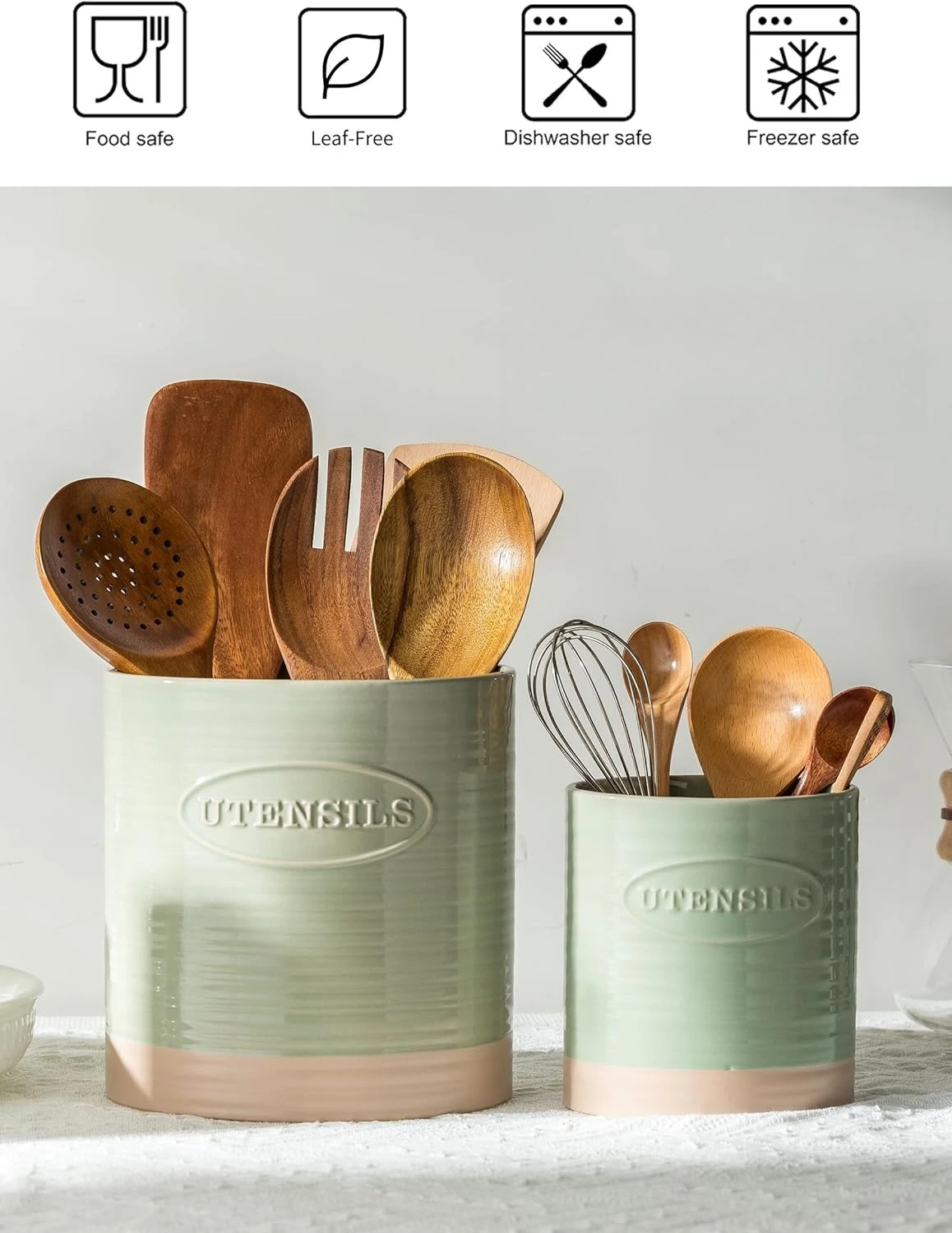 Ceramic Utensil Holder Set of 2 – 6.7" & 5.1" Oval Crocks Green Farmhouse-Style Countertop Organizers for Cooking Tools
Ceramic Utensil Holder Set of 2 – 6.7" & 5.1" Oval Crocks Green Farmhouse-Style Countertop Organizers for Cooking Tools
