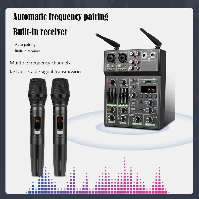 4 Channel Mixer with 2 Wireless Microphones USB Audio Studio Sound Mixers Bluetooth-compatible REC DJ Console Mixing for Karaoke
4 Channel Mixer with 2 Wireless Microphones USB Audio Studio Sound Mixers Bluetooth-compatible REC DJ Console Mixing for Karaoke