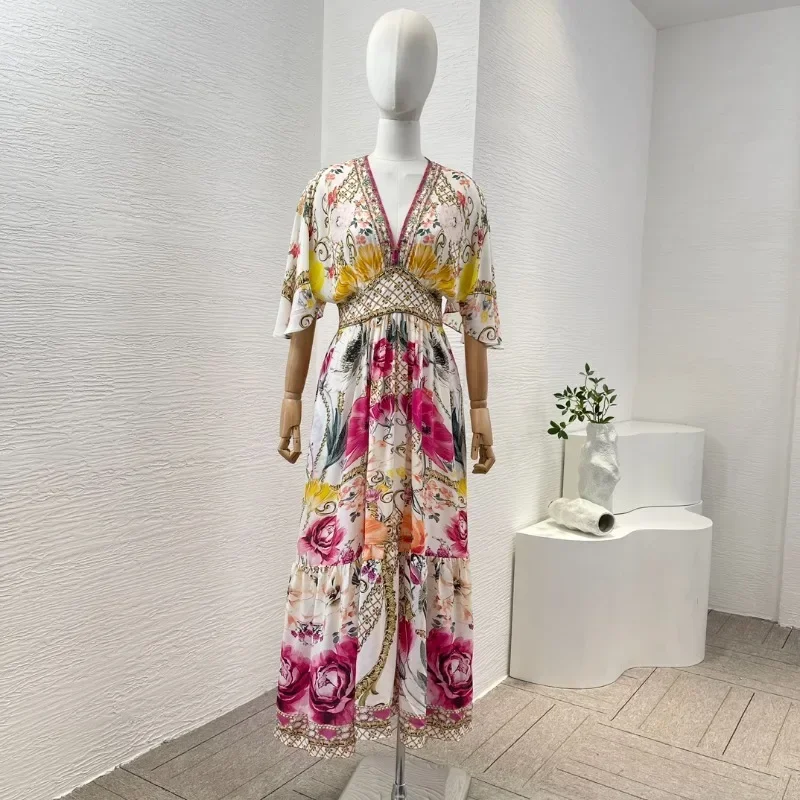 Women's White Rose Red Flowers Print Half Sleeve Deep V Neck Diamonds Pressed Summer Dress for 2024 New Arrivals
Women's White Rose Red Flowers Print Half Sleeve Deep V Neck Diamonds Pressed Summer Dress for 2024 New Arrivals