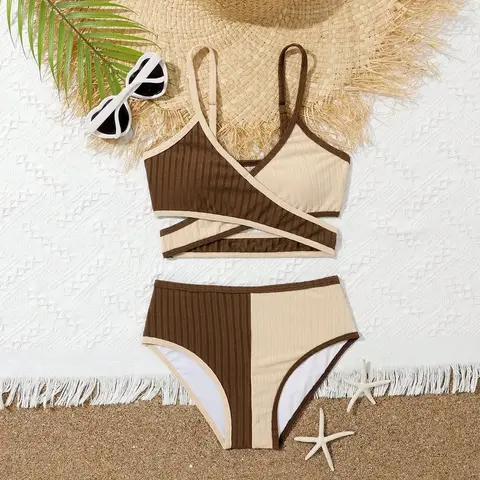 Maillot de bain deux pièces marron pour fille, bikini taille haute, croisé, rond, pour enfants et adolescents de 7 à 12 ans, 2025