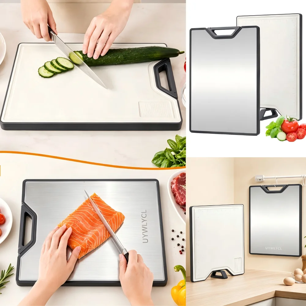 2pcs Stainless Steel Titanium Cutting Board Multifunctional Double-Sided Antibacterial Kitchen Chopping Boards with Garlic Grinding Area Self-Standing Design
2pcs Stainless Steel Titanium Cutting Board Multifunctional Double-Sided Antibacterial Kitchen Chopping Boards with Garlic Grinding Area Self-Standing Design