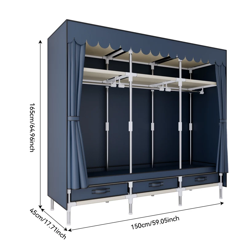 Portable Dressing Room Wardrobe With Non-Woven Cover, 59-Inch Large Metal Hanger Storage Armoire With 3 Hanging Rods, 3 Drawers
Portable Dressing Room Wardrobe With Non-Woven Cover, 59-Inch Large Metal Hanger Storage Armoire With 3 Hanging Rods, 3 Drawers