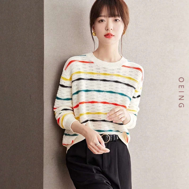 Colorful Striped Thin Sweater Women Knitted Pullovers Spring Autumn Long Sleeve O-neck Elegant Chic Loose Tops Knitwear D2815
Colorful Striped Thin Sweater Women Knitted Pullovers Spring Autumn Long Sleeve O-neck Elegant Chic Loose Tops Knitwear D2815