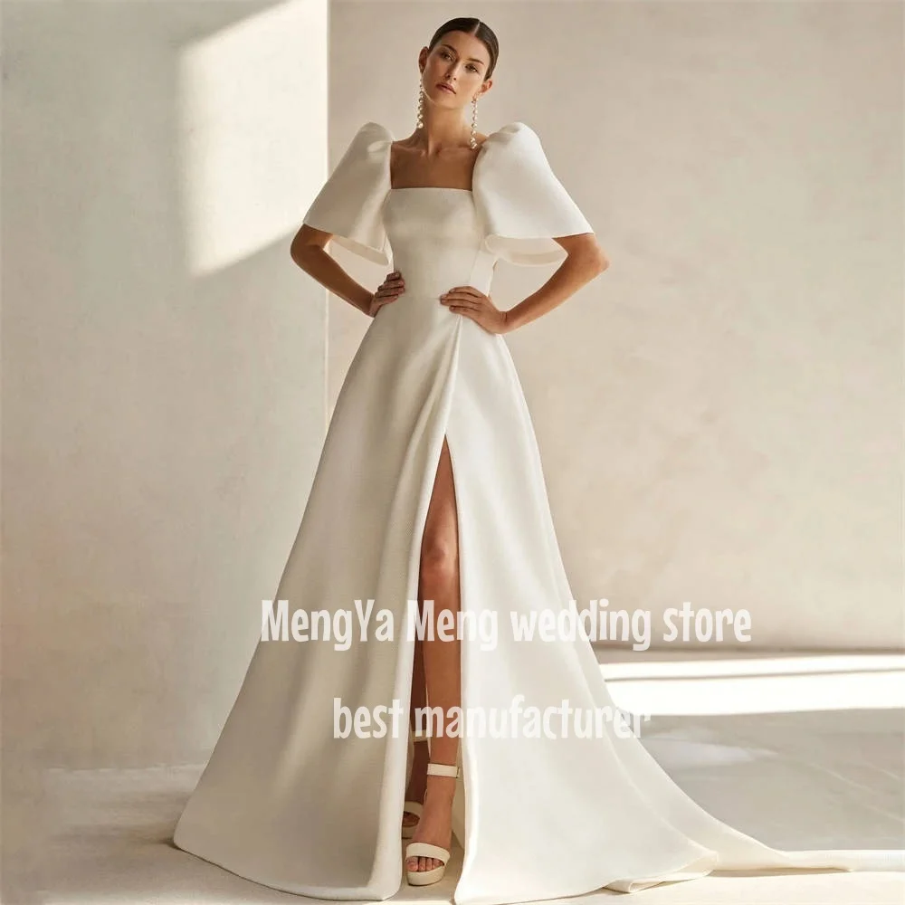 Luxury Wedding Dresses A Line Woman's Sexy Square Collar Short Sleeve High Split Satin Bride Gowns Vestidos De Novia Customized
Luxury Wedding Dresses A Line Woman's Sexy Square Collar Short Sleeve High Split Satin Bride Gowns Vestidos De Novia Customized