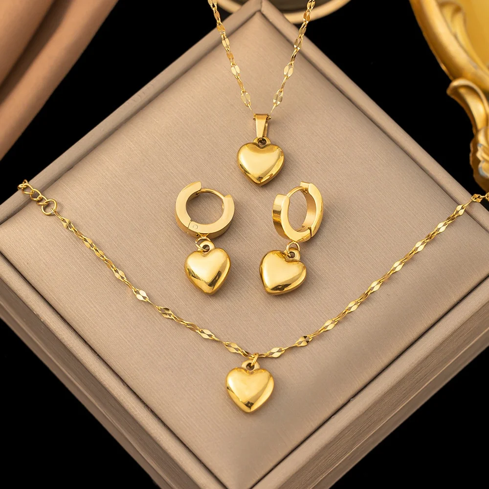 Classic Gold Love Heart Pendant Necklace Bracelet Stainless Steel Geometric Hoop Earrings for Women Birthday Party Jewelry Set
Classic Gold Love Heart Pendant Necklace Bracelet Stainless Steel Geometric Hoop Earrings for Women Birthday Party Jewelry Set