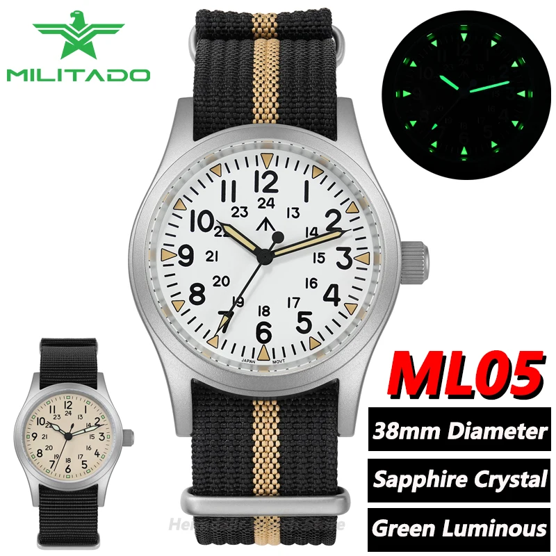 Militado ML05 38 мм полевые часы кварцевые VH31 куполообразный механизм с сапфировым стеклом и прозрачным AR-покрытием светящиеся мужские часы
Militado ML05 38 мм полевые часы кварцевые VH31 куполообразный механизм с сапфировым стеклом и прозрачным AR-покрытием светящиеся мужские часы