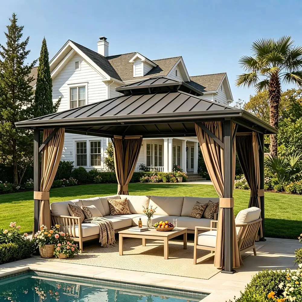 ft Hardtop Gazebo Outdoor Aluminum Patio Gazebo Double Roof Galvanized Steel Canopy with Netting and Curtains for Garden, Backy
ft Hardtop Gazebo Outdoor Aluminum Patio Gazebo Double Roof Galvanized Steel Canopy with Netting and Curtains for Garden, Backy