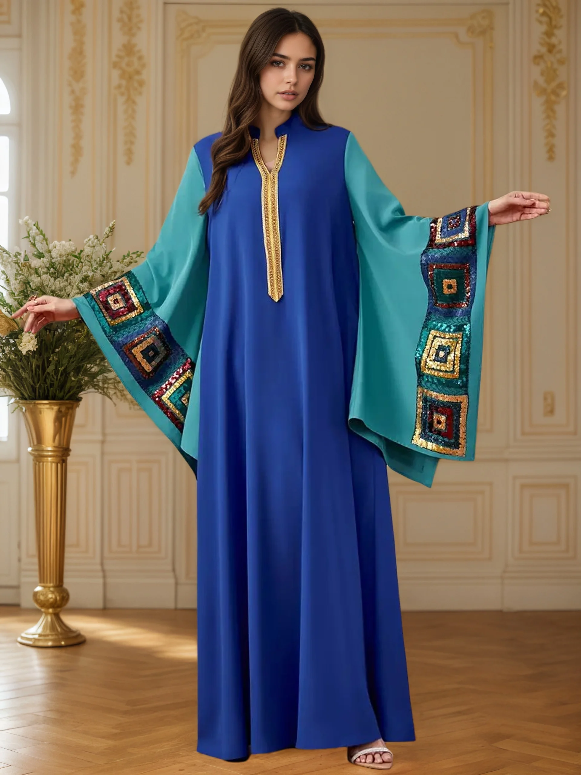 2025 Dubai Style Muslim Abaya Deep Blue Body Turquoise Sleeves Colorful Sequin Square Patterns Ideal for Arabian Formal Galas
2025 Dubai Style Muslim Abaya Deep Blue Body Turquoise Sleeves Colorful Sequin Square Patterns Ideal for Arabian Formal Galas