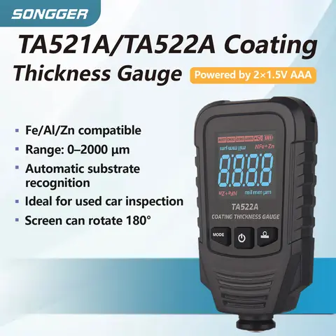 TA521A/522A Paint Coating Thickness Meter 0‑2000µm High Accuracy Car Paint Tester for Iron Aluminum Zinc Auto Detection