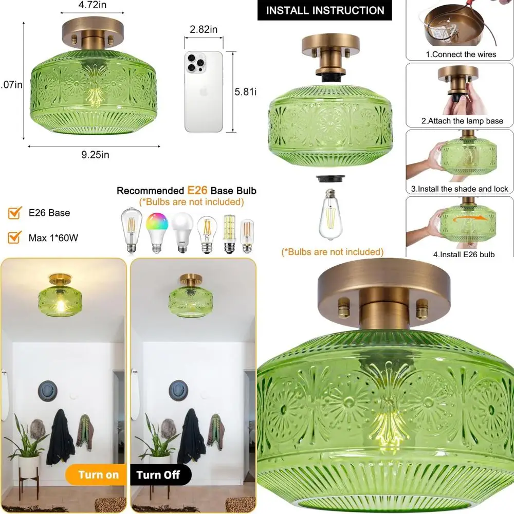 Vintage Green Glass Semi-Flush Ceiling Light Fixture, Brass Mount for Hallway, Kitchen, Entryway, Bedroom, and Bathroom
Vintage Green Glass Semi-Flush Ceiling Light Fixture, Brass Mount for Hallway, Kitchen, Entryway, Bedroom, and Bathroom