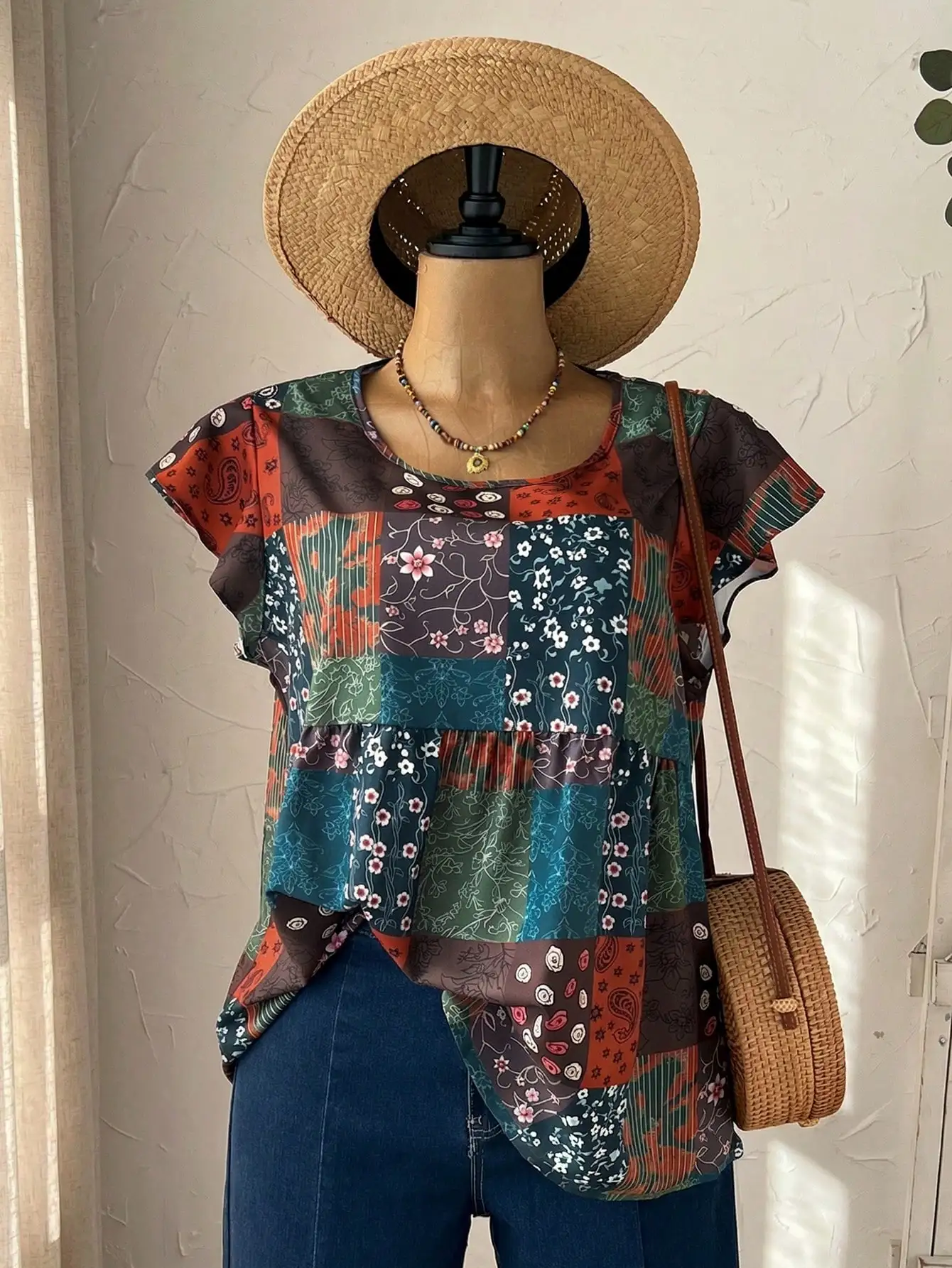 Women's Patchwork Print Cap Sleeve Blouse, Boho Casual Summer Top
Women's Patchwork Print Cap Sleeve Blouse, Boho Casual Summer Top