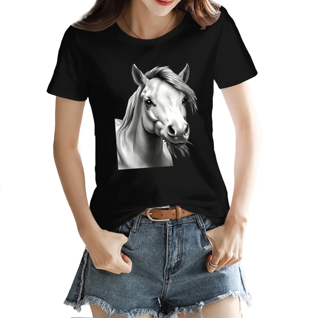 Black and white Pony Women's Creative Luxury, High-Quality Summer Printed T-Shirt, Loose Casual Cotton, Round Neck Short Sleeve
Black and white Pony Women's Creative Luxury, High-Quality Summer Printed T-Shirt, Loose Casual Cotton, Round Neck Short Sleeve
