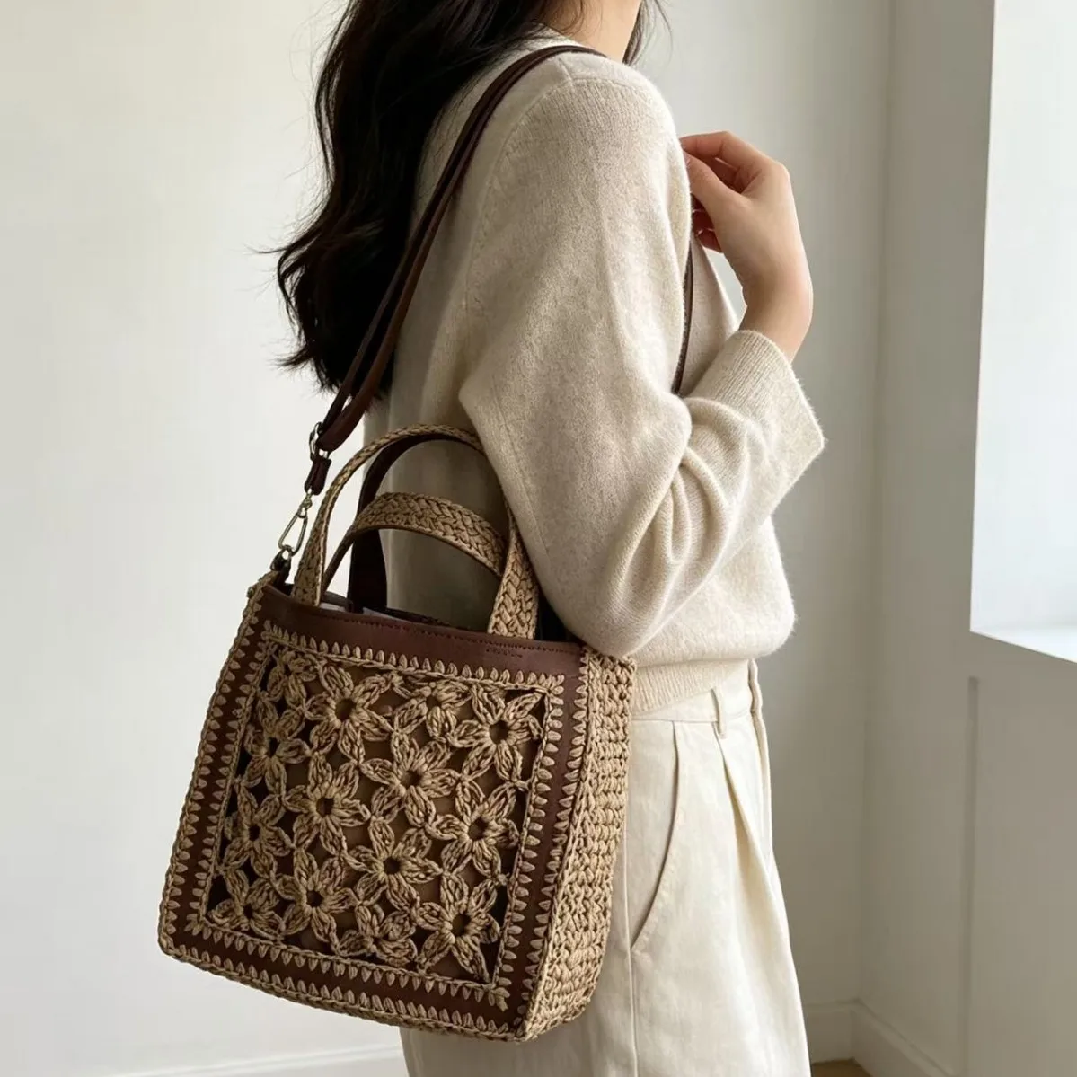 Bohemian Hollow Crochet Flower Straw Woven Bags for Women Bamboo Handle Portable Paper Rope Knitting Handbag Leisure Travel Tote
Bohemian Hollow Crochet Flower Straw Woven Bags for Women Bamboo Handle Portable Paper Rope Knitting Handbag Leisure Travel Tote