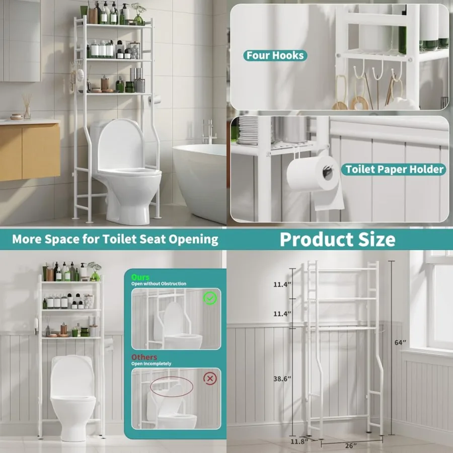 3-Tier Over The Toilet Storage Organizer, Space-Saving Bathroom Rack with Paper Holder and 4 Hooks, 64" Tall Freestanding Carbo
3-Tier Over The Toilet Storage Organizer, Space-Saving Bathroom Rack with Paper Holder and 4 Hooks, 64" Tall Freestanding Carbo