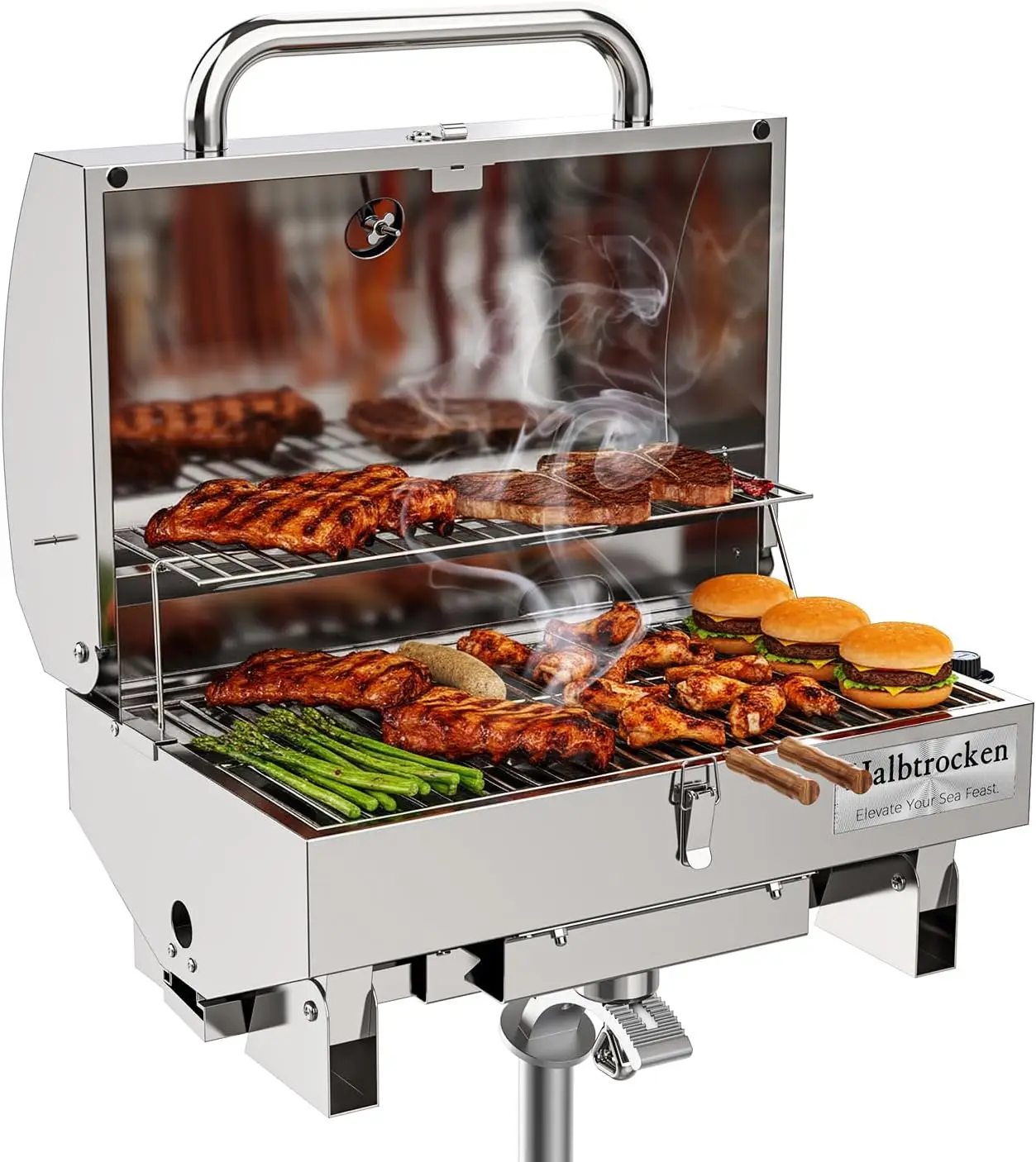 304 Stainless Steel Marine Gas Grill with Rod Holder Mount & Cover - 200 sq. in. Cooking Area, 12,000 BTU Propane Boat Grill - P
304 Stainless Steel Marine Gas Grill with Rod Holder Mount & Cover - 200 sq. in. Cooking Area, 12,000 BTU Propane Boat Grill - P