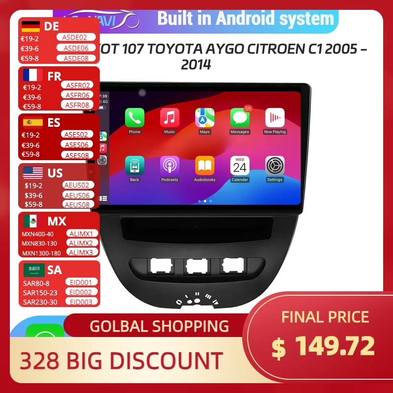 Android 14 For Peugeot 107 Toyota Aygo Citroen C1 2005-2014 Car Radio Multimedia Navigation Wireless CarPlay GPS Screen Stereo
Android 14 For Peugeot 107 Toyota Aygo Citroen C1 2005-2014 Car Radio Multimedia Navigation Wireless CarPlay GPS Screen Stereo