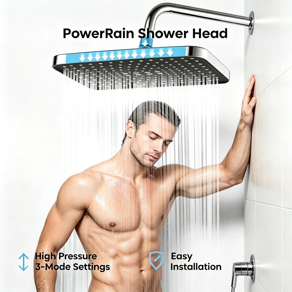 PowerRain High Pressure Shower Head Square Overhead 3 Spray Modes Large Waterfall Easy Install for Luxury Bathroom Experience
PowerRain High Pressure Shower Head Square Overhead 3 Spray Modes Large Waterfall Easy Install for Luxury Bathroom Experience