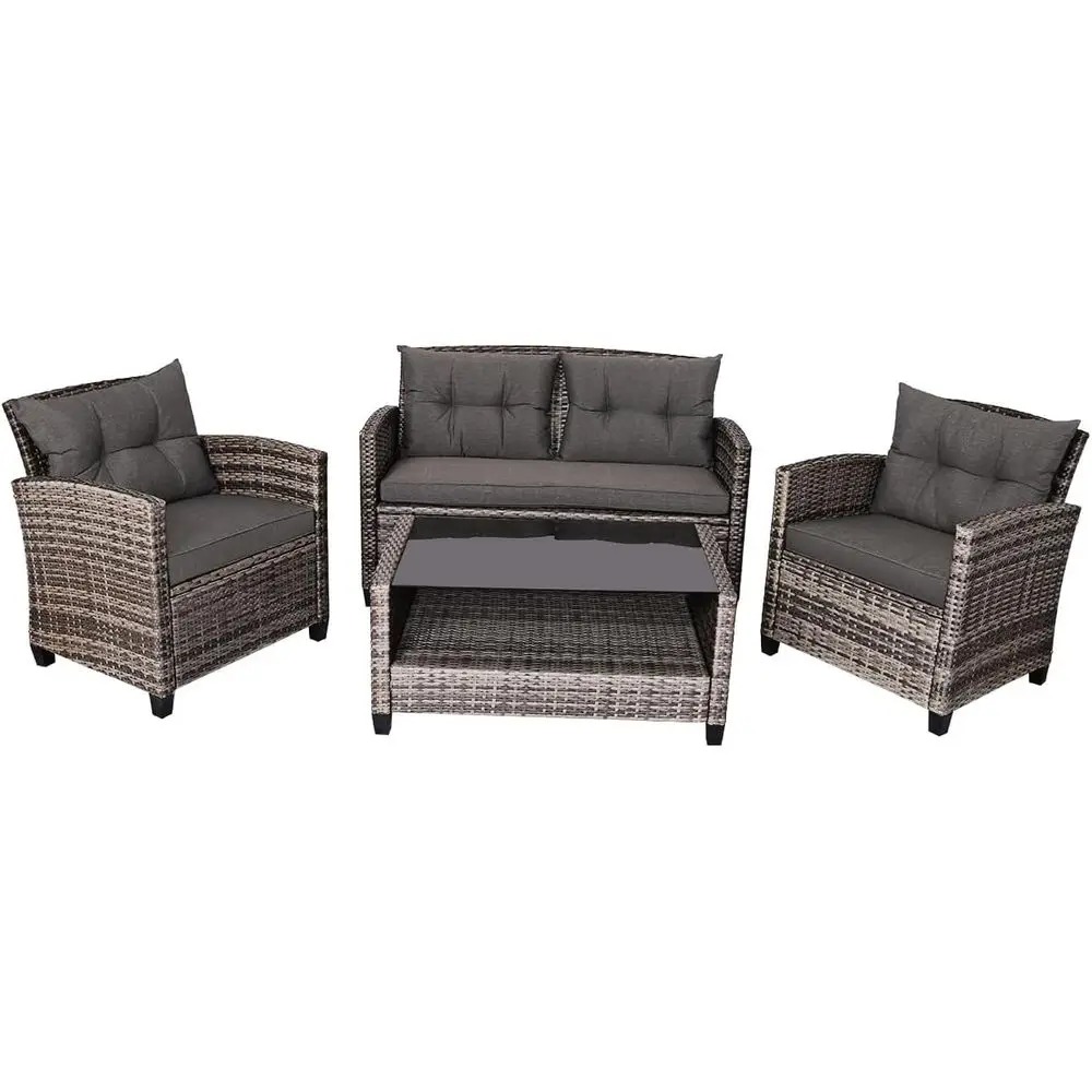 Gray Cushioned Outdoor Patio Rattan Furniture Set with Loveseat, Sofa, and Glass Top Coffee Table
Gray Cushioned Outdoor Patio Rattan Furniture Set with Loveseat, Sofa, and Glass Top Coffee Table