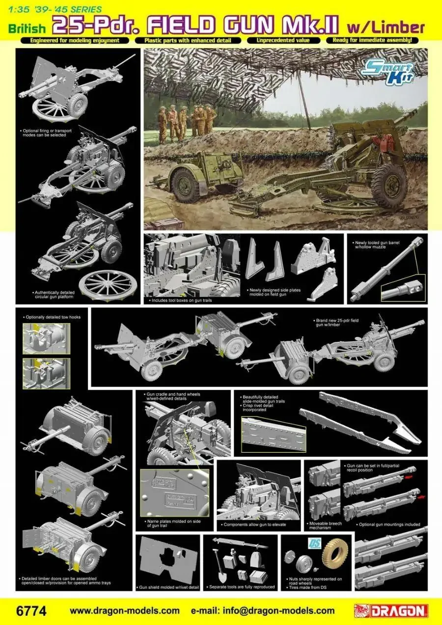 Dragon 6774 1/35 Британский полевой пистолет 25pdr Mk.II с умным комплектом Limber
Dragon 6774 1/35 Британский полевой пистолет 25pdr Mk.II с умным комплектом Limber
